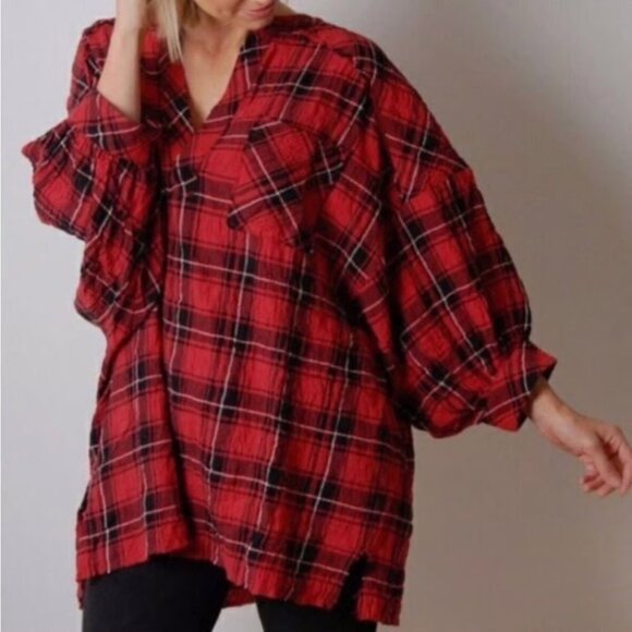 Intimately Free People Not Your Boyfriend's Oversized Red Plaid Tunic Top Size M - Picture 2 of 13